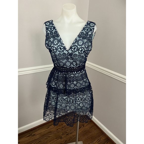SELF-PORTRAIT Guipure Lace V Neck Fit Flare Sleeveless Mini Dress Blue Size 2 - Picture 2 of 5